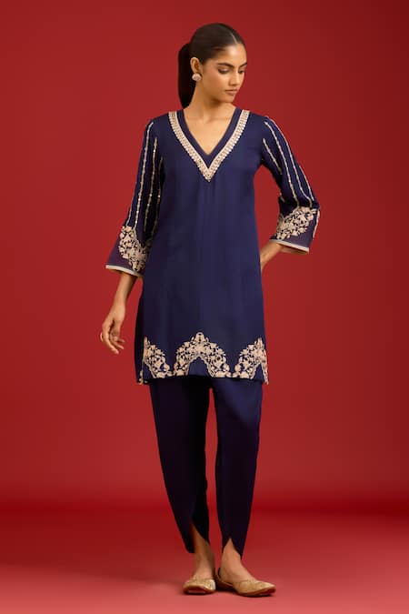 Buy_Devnaagri_Blue Cotton Satin, , Cotton, Satin, Crepe Sequins, And Dori Kurta Set _Online_at_Aza_Fashions