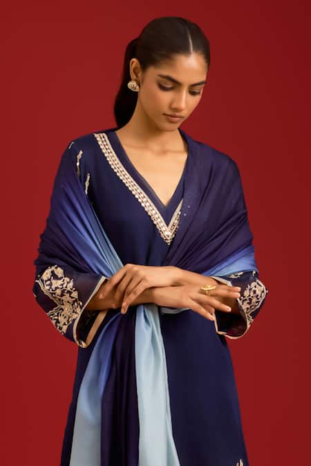 Shop_Devnaagri_Blue Cotton Satin, , Cotton, Satin, Crepe Sequins, And Dori Kurta Set _Online_at_Aza_Fashions