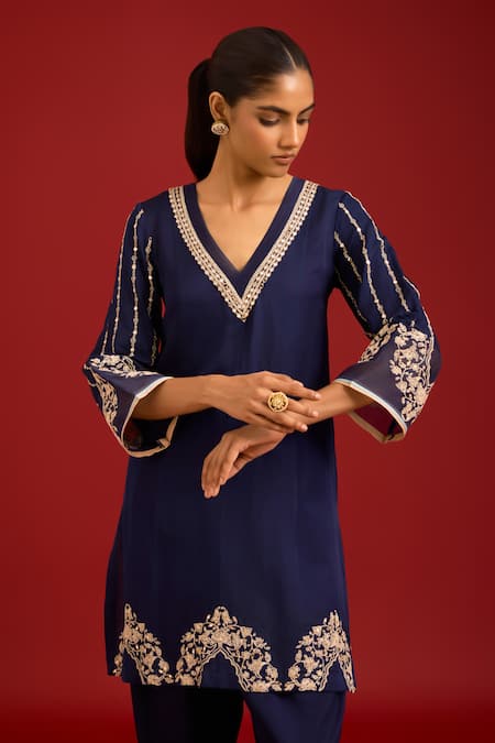Devnaagri_Blue Cotton Satin, , Cotton, Satin, Crepe Sequins, And Dori Kurta Set _at_Aza_Fashions