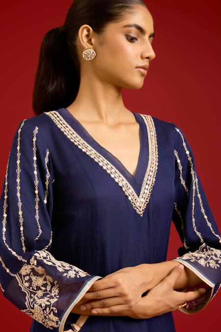 Buy_Devnaagri_Blue Cotton Satin, , Cotton, Satin, Crepe Sequins, And Dori Kurta Set 