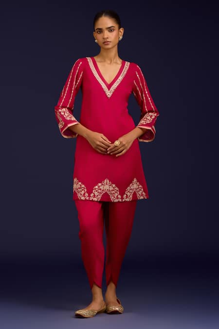Devnaagri_Fuchsia Cotton Satin, Silk, Cotton, Crepe Sequins, Mirrors, Kurta Dhoti Pant Set _Online_at_Aza_Fashions