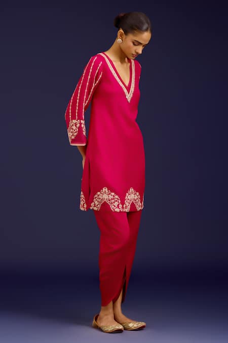 Shop_Devnaagri_Fuchsia Cotton Satin, Silk, Cotton, Crepe Sequins, Mirrors, Kurta Dhoti Pant Set _Online_at_Aza_Fashions