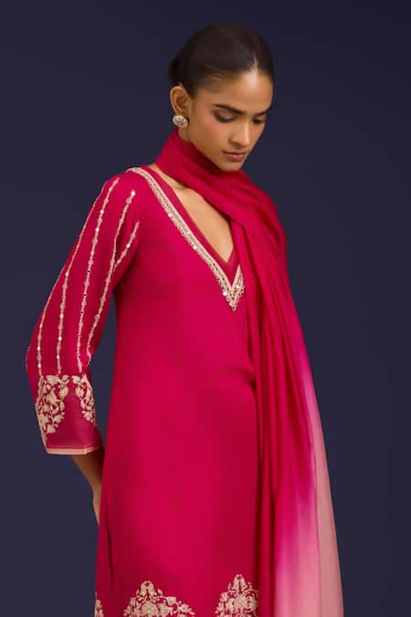 Devnaagri_Fuchsia Cotton Satin, Silk, Cotton, Crepe Sequins, Mirrors, Kurta Dhoti Pant Set _at_Aza_Fashions