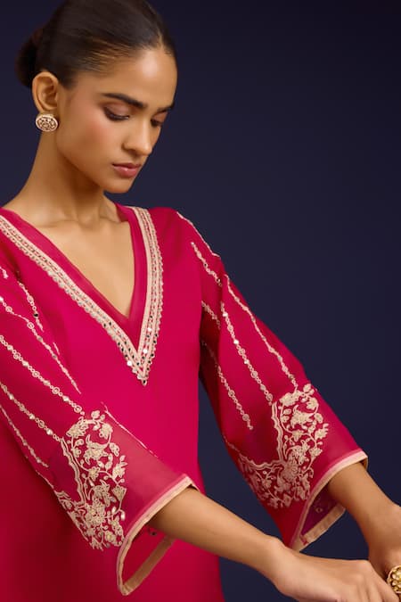 Shop_Devnaagri_Fuchsia Cotton Satin, Silk, Cotton, Crepe Sequins, Mirrors, Kurta Dhoti Pant Set 