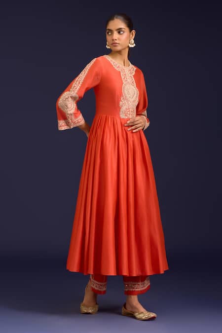 Devnaagri_Orange Chanderi , Chanderi, Organza Dori Anarkali Palazzo Set _Online_at_Aza_Fashions