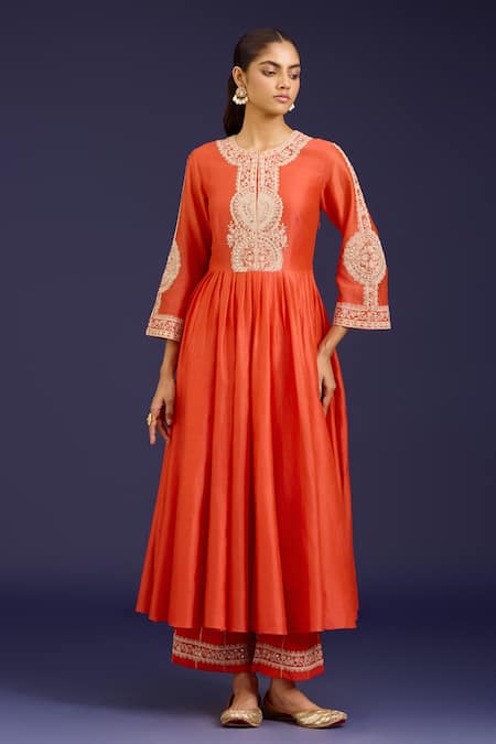 Buy_Devnaagri_Orange Chanderi , Chanderi, Organza Dori Anarkali Palazzo Set _Online_at_Aza_Fashions
