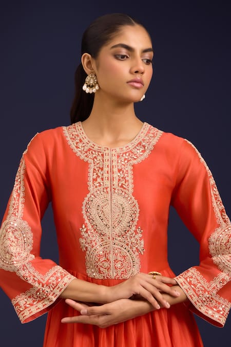 Devnaagri_Orange Chanderi , Chanderi, Organza Dori Anarkali Palazzo Set _at_Aza_Fashions