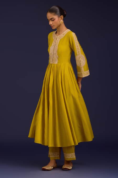 Devnaagri_Mustard Chanderi , Chanderi, Organza Embroidery, And Work Anarkali Set _Online_at_Aza_Fashions