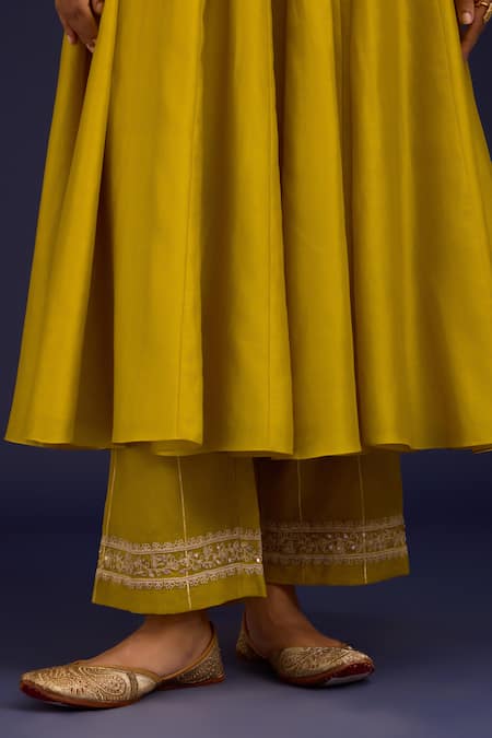 Shop_Devnaagri_Mustard Chanderi , Chanderi, Organza Embroidery, And Work Anarkali Set _Online_at_Aza_Fashions