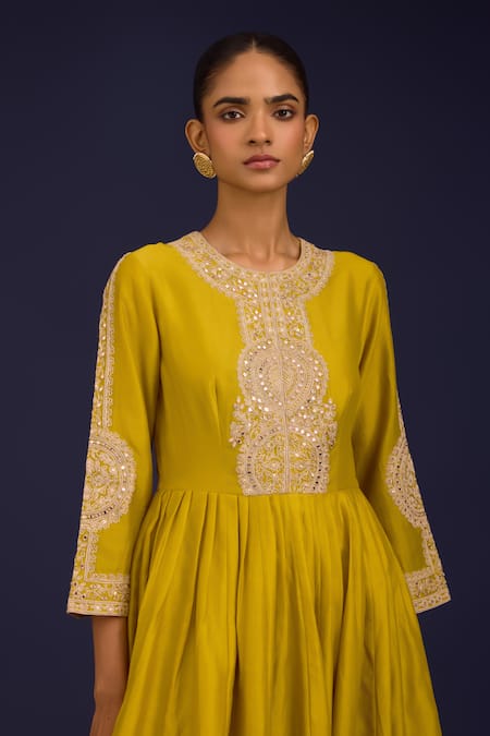 Devnaagri_Mustard Chanderi , Chanderi, Organza Embroidery, And Work Anarkali Set _at_Aza_Fashions