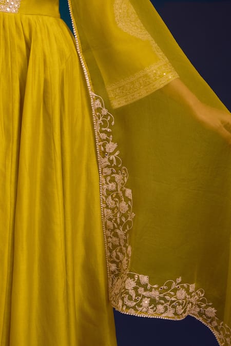 Buy_Devnaagri_Mustard Chanderi , Chanderi, Organza Embroidery, And Work Anarkali Set 