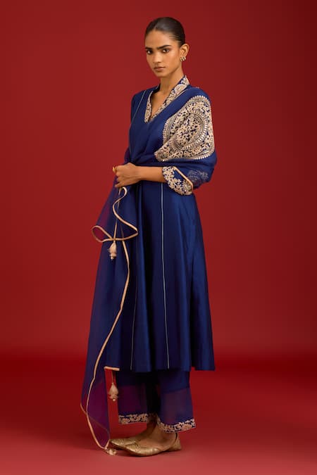 Devnaagri_Blue , Shantoon, Organza Mirrors, Sequins, And Dori Kurta Set _Online_at_Aza_Fashions