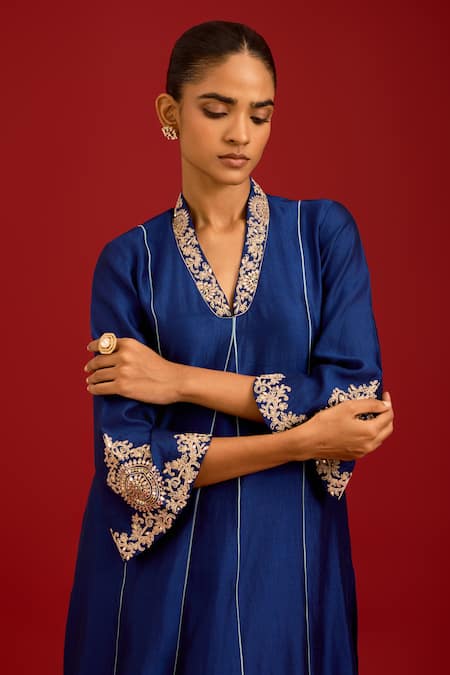 Shop_Devnaagri_Blue , Shantoon, Organza Mirrors, Sequins, And Dori Kurta Set _Online_at_Aza_Fashions