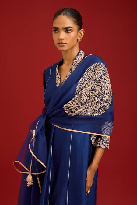 Devnaagri_Blue , Shantoon, Organza Mirrors, Sequins, And Dori Kurta Set _at_Aza_Fashions