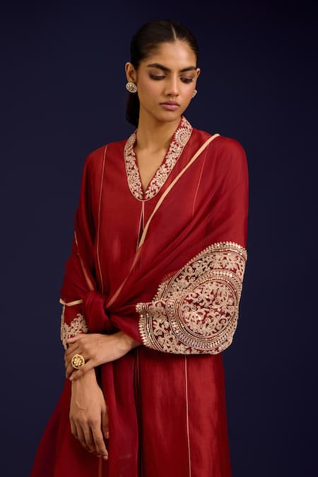 Devnaagri_Orange , Shantoon, Organza Sequins, Mirrors, And Dori Work Kurta Set _Online_at_Aza_Fashions