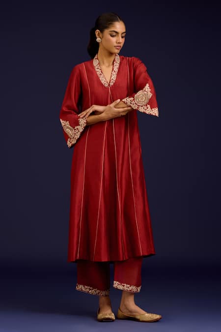 Shop_Devnaagri_Orange , Shantoon, Organza Sequins, Mirrors, And Dori Work Kurta Set _Online_at_Aza_Fashions