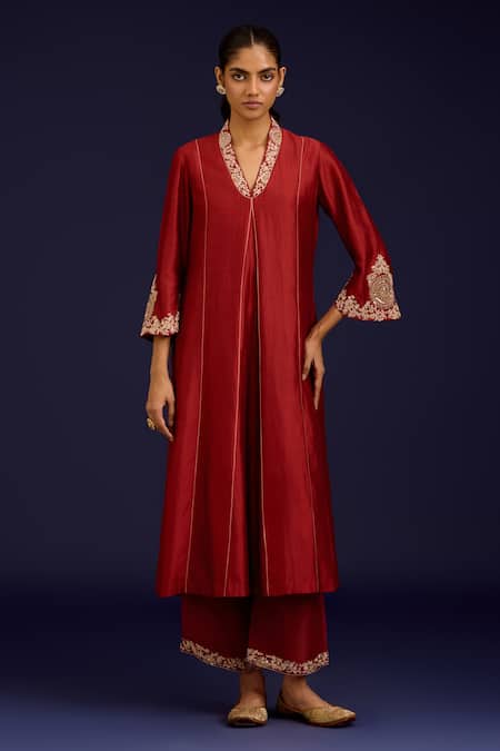 Devnaagri_Orange , Shantoon, Organza Sequins, Mirrors, And Dori Work Kurta Set _at_Aza_Fashions