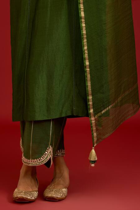 Devnaagri_Green Silk, Chanderi Mirrors, Sequins, Embroidery, Tassels And Dori Kurta Set _Online_at_Aza_Fashions