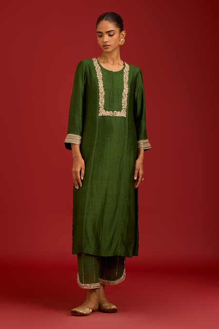 Shop_Devnaagri_Green Silk, Chanderi Mirrors, Sequins, Embroidery, Tassels And Dori Kurta Set _Online_at_Aza_Fashions