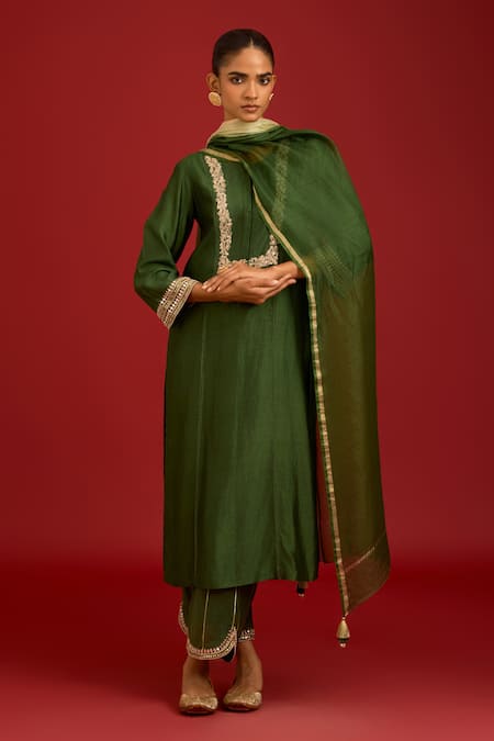 Devnaagri_Green Silk, Chanderi Mirrors, Sequins, Embroidery, Tassels And Dori Kurta Set _at_Aza_Fashions