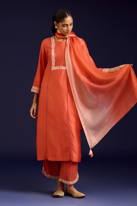 Devnaagri_Orange Silk, Chanderi, Kota Doria Mirrors, Sequins, Chinniya Work Kurta Set _Online_at_Aza_Fashions