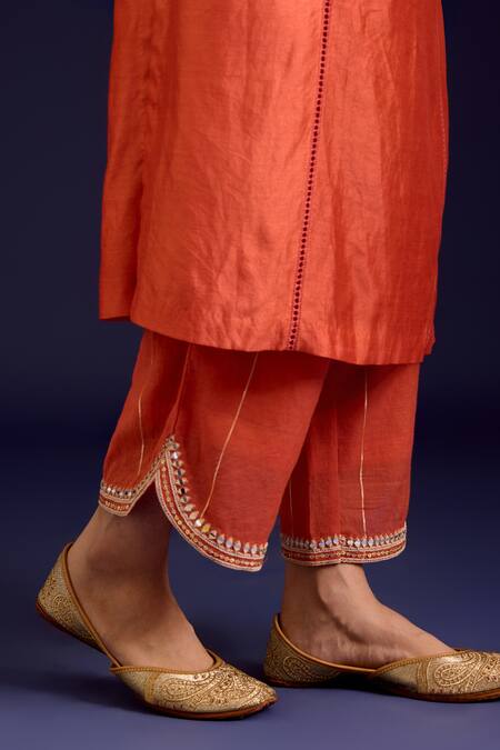 Buy_Devnaagri_Orange Silk, Chanderi, Kota Doria Mirrors, Sequins, Chinniya Work Kurta Set _Online_at_Aza_Fashions