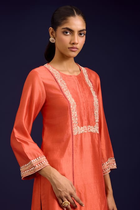 Shop_Devnaagri_Orange Silk, Chanderi, Kota Doria Mirrors, Sequins, Chinniya Work Kurta Set _Online_at_Aza_Fashions