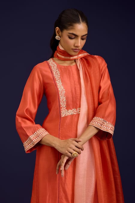 Devnaagri_Orange Silk, Chanderi, Kota Doria Mirrors, Sequins, Chinniya Work Kurta Set _at_Aza_Fashions
