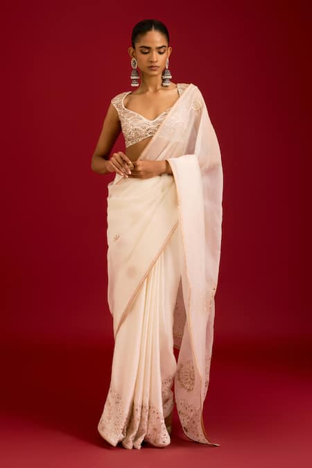 Devnaagri Mirror & Sequin Embroidered Saree With Blouse 