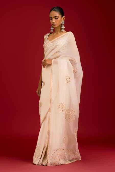 Devnaagri_Ivory Modal, Satin, Organza, Mirrors, Sequins, And Saree With Blouse _Online_at_Aza_Fashions