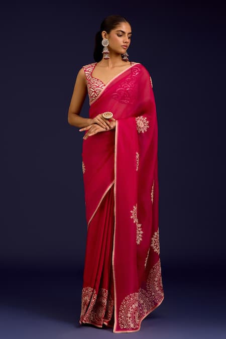 Devnaagri_Fuchsia Modal, Satin, Silk Organza Mirrors, Sequins, Saree With Blouse _Online_at_Aza_Fashions