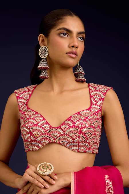 Devnaagri_Fuchsia Modal, Satin, Silk Organza Mirrors, Sequins, Saree With Blouse _at_Aza_Fashions