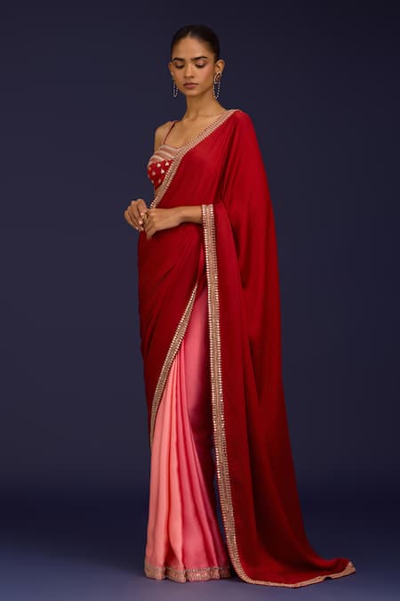 Devnaagri_Red Modal, Silk, Satin Mirrors, Embroidery, Zari, Hand Saree With Blouse _Online_at_Aza_Fashions
