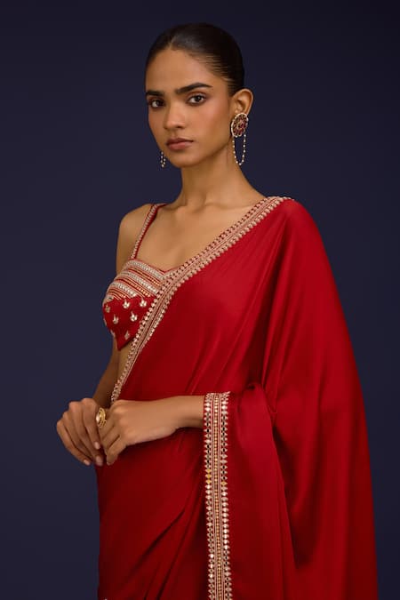 Shop_Devnaagri_Red Modal, Silk, Satin Mirrors, Embroidery, Zari, Hand Saree With Blouse _Online_at_Aza_Fashions