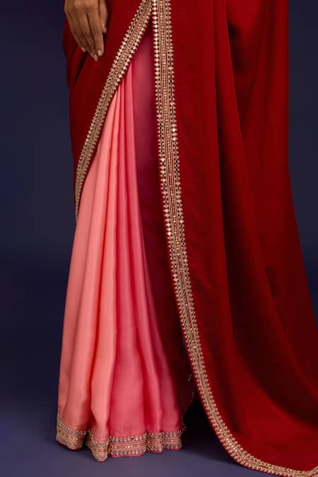 Devnaagri_Red Modal, Silk, Satin Mirrors, Embroidery, Zari, Hand Saree With Blouse _at_Aza_Fashions