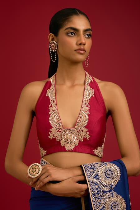 Devnaagri_Navy Silk Embroidery, Sequins, Mirrors Halter Dori Chinniya Saree With Blouse _Online_at_Aza_Fashions