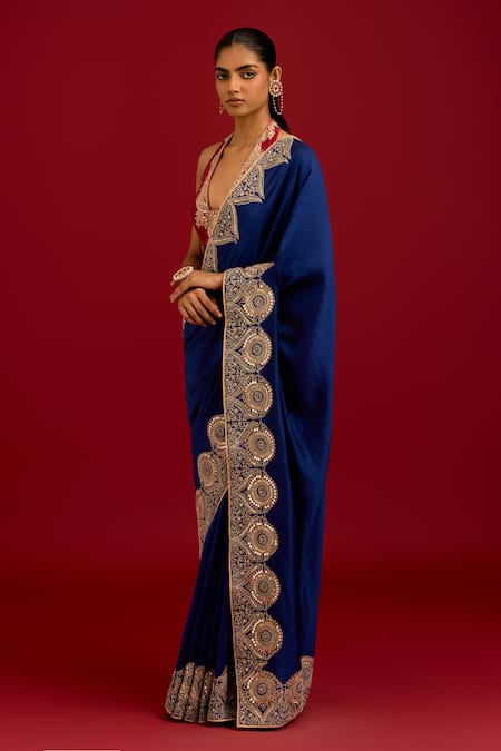 Buy_Devnaagri_Navy Silk Embroidery, Sequins, Mirrors Halter Dori Chinniya Saree With Blouse _Online_at_Aza_Fashions