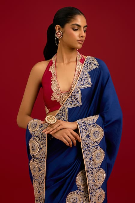 Shop_Devnaagri_Navy Silk Embroidery, Sequins, Mirrors Halter Dori Chinniya Saree With Blouse _Online_at_Aza_Fashions