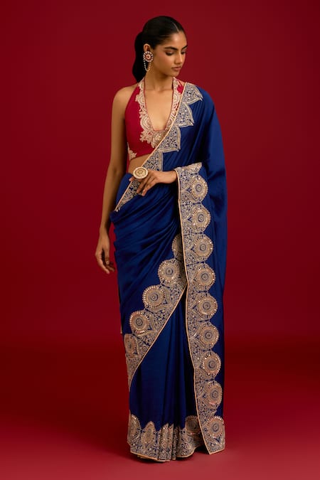 Devnaagri_Navy Silk Embroidery, Sequins, Mirrors Halter Dori Chinniya Saree With Blouse _at_Aza_Fashions