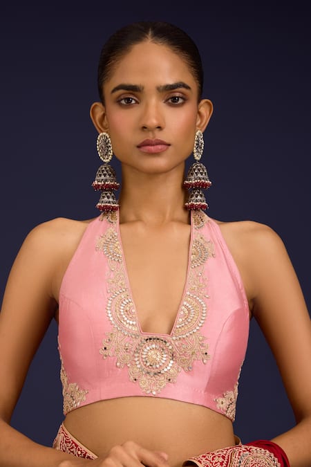 Shop_Devnaagri_Red Silk Embroidery, Sequins, Mirrors Halter Neck, Chinniya Saree With Blouse _Online_at_Aza_Fashions