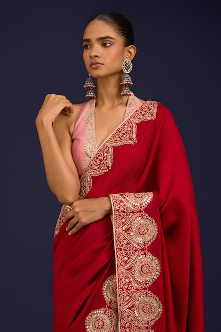 Devnaagri_Red Silk Embroidery, Sequins, Mirrors Halter Neck, Chinniya Saree With Blouse _at_Aza_Fashions