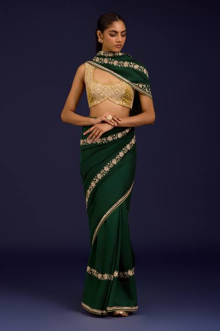 Devnaagri_Green Silk Embroidery, Mirrors, Sequins Scoop Chinniya Saree With Gajji Blouse _Online_at_Aza_Fashions