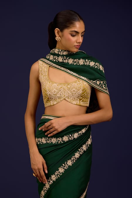 Shop_Devnaagri_Green Silk Embroidery, Mirrors, Sequins Scoop Chinniya Saree With Gajji Blouse _Online_at_Aza_Fashions