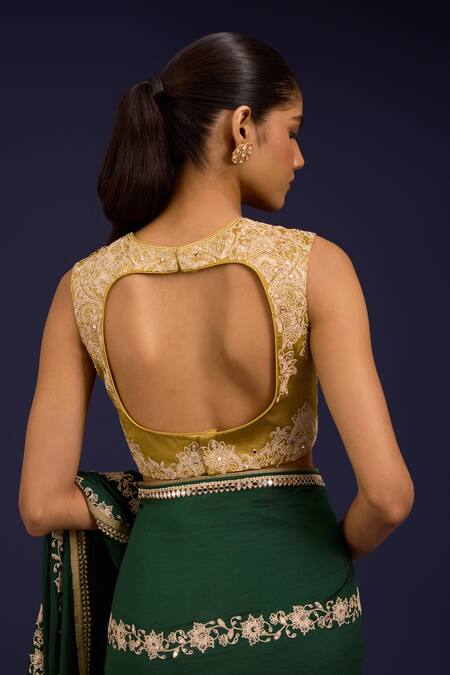 Devnaagri_Green Silk Embroidery, Mirrors, Sequins Scoop Chinniya Saree With Gajji Blouse _at_Aza_Fashions