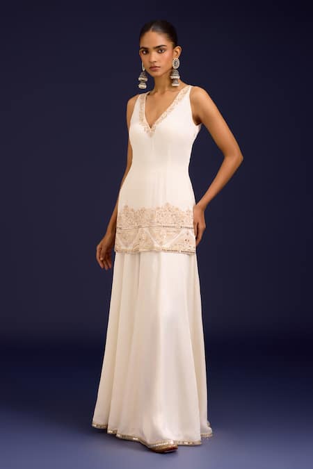 Buy_Devnaagri_Ivory Modal, Satin, Organza Embroidery, Mirrors, Sequins Kurta Sharara Set _Online_at_Aza_Fashions