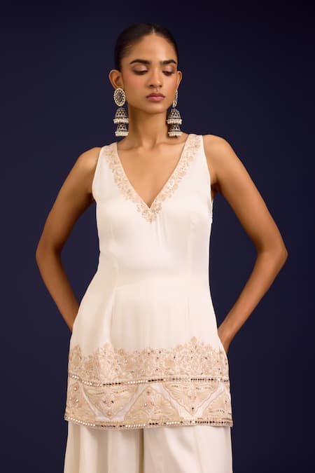 Shop_Devnaagri_Ivory Modal, Satin, Organza Embroidery, Mirrors, Sequins Kurta Sharara Set _Online_at_Aza_Fashions