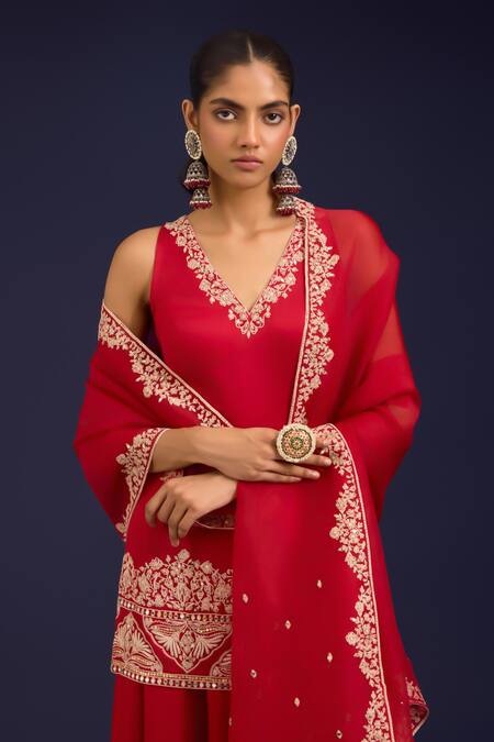Buy_Devnaagri_Red Modal, Satin Embroidery, Sequins V-neck Kurta Sharara Set _Online_at_Aza_Fashions