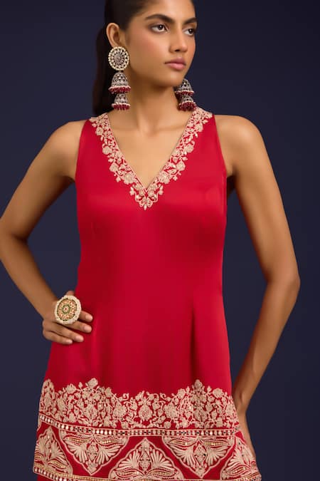 Shop_Devnaagri_Red Modal, Satin Embroidery, Sequins V-neck Kurta Sharara Set _Online_at_Aza_Fashions