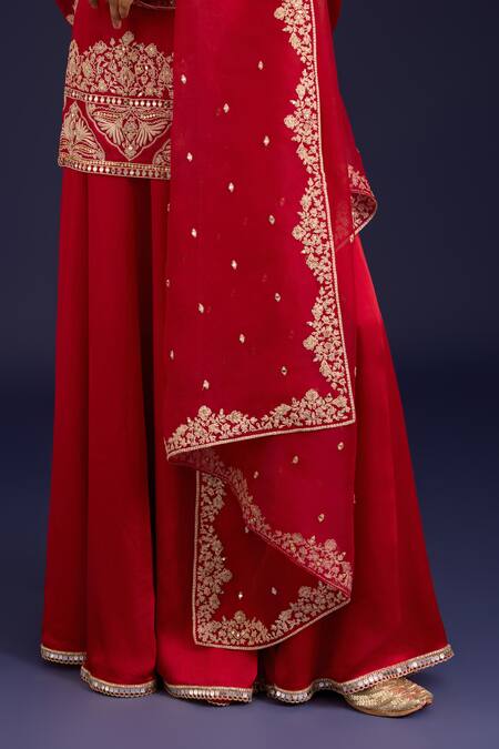Buy_Devnaagri_Red Modal, Satin Embroidery, Sequins V-neck Kurta Sharara Set 