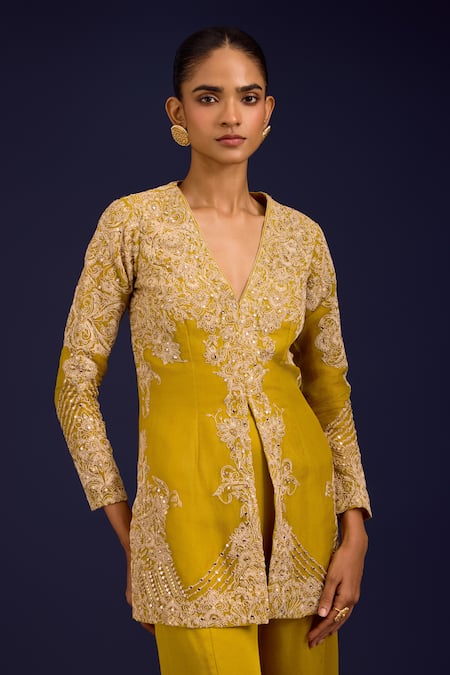 Devnaagri_Mustard Organza, Modal, Satin Embroidery, Mirrors V-neck Kurta With Sharara _Online_at_Aza_Fashions